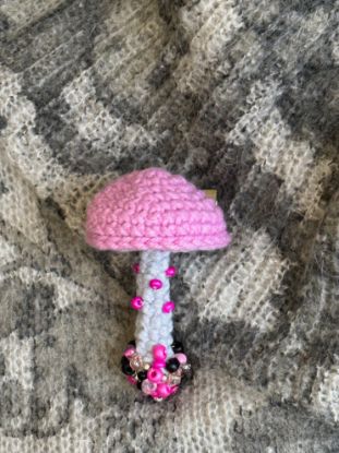 Picture of Crochet Pink, Black, and White Mushroom Beaded Brooch 