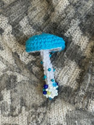 Picture of Crochet Blue and White Mushroom Beaded Brooch 