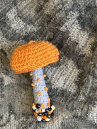 Picture of Crochet Orange, White, and Black Mushroom Beaded Brooch