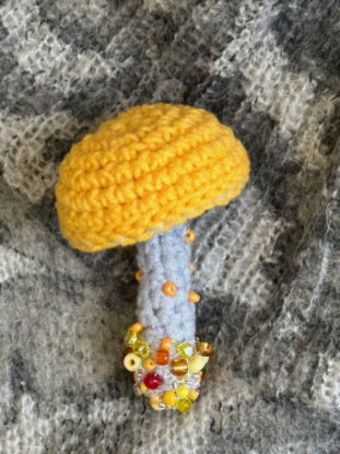 Picture of Crochet Golden Yellow and Orange Mushroom Beaded Brooch